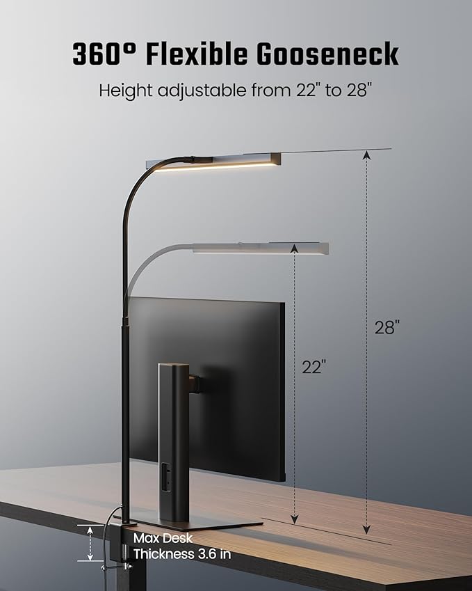 SUPERDANNY LED Desk Lamp for Office Home, Eye-Caring Desk Light with Adjustable Gooseneck, 12W Touch Control Dimmable Brightness, Architect Clamp Lamp with USB Adapter, Grey