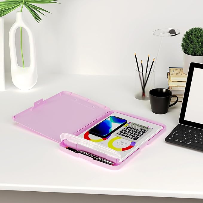 Piasoenc Clipboard with Storage, 8.5 x 11 Organization Box with Pen Holder and A4 Legal Paper Folder, Heavy Duty Plastic, Folio & Side-Opening, Low Profile Clip, for Teachers, Lawers, Deep Pink