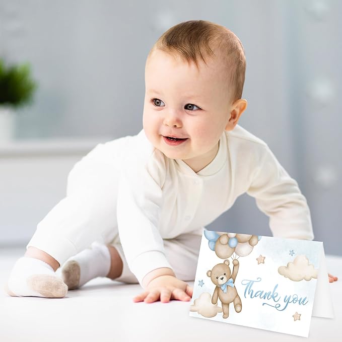 Whaline 24 Pack Bear Thank You Card Blue Bear Balloon Greeting Card with Envelope Sticker Cute Blank Note Card for Baby Shower Party Invitation Supplies, 4 x 6 Inch