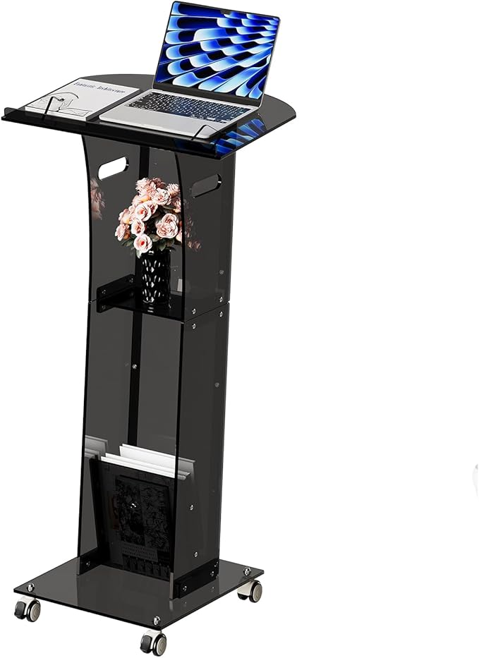Acrylic Podium Stand,49“ Tall Portable Podium with Lockable Wheels, Black lecterns & Podium with Storage Shelf for Classroom, Pulpit Podium for Church,Wedding,Presentation