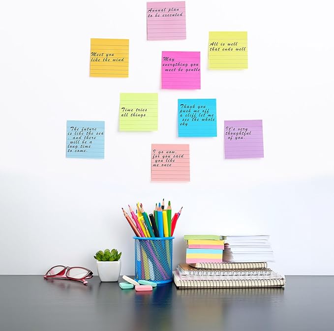 (24 Pack) Lined Sticky Notes 3x3 in Post Ruled Stickies Super Sticking Power Memo Pads,12 Bright Multi Colors Sticky Notes with Lines Self-Stick Note Pads