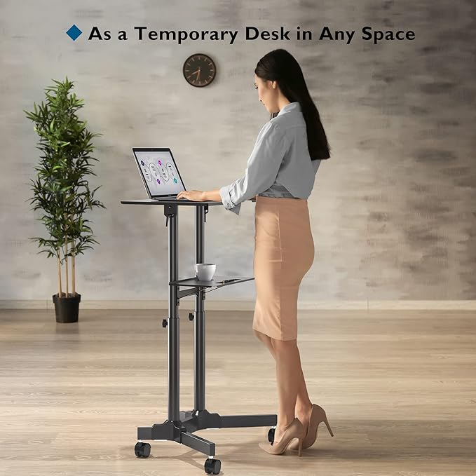 BONTEC Lecterns & Podiums Portable Mobile Standing Laptop Desk, Sit Stand Desk, Height Adjustable Home Office Classroom Pulpit Stand Up Desk Workstation, Rolling Table Laptop Cart with Storage Tray