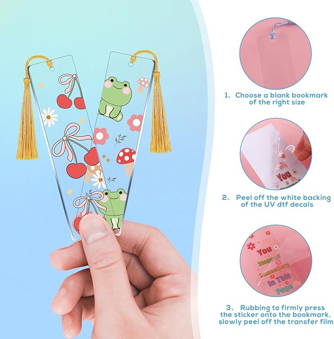 Luvsweeets Fruit UV DTF Bookmark Wraps - 16 Sheets Cute UV DTF Decals for Acrylic Bookmarks Ghost Butterfly Strawberry Flower UVDTF Decals DIY Blank Bookmarks Rub on Transfers Stickers for Book Lover