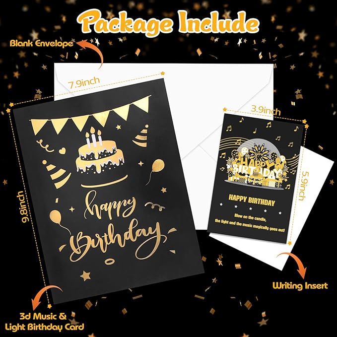 Birthday Card | Musical Pop Up Birthday Cards w Light | Blow Out LED Light Candle & Play Happy Birthday Music Pop Up Card | Greeting Cards Gifts for Him or Her | Black Gold (Blowable Candle)