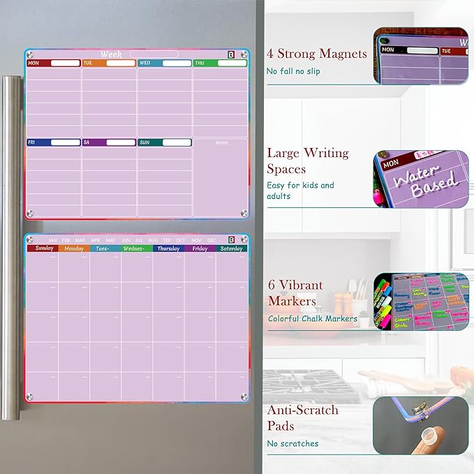 Pink Fridge Calendar - Acrylic calendar for fridge - 2 PCS Magnetic calendar for refrigerator | Monthly Planner, Weekly Planner with Removable template - 6 Dual Tip Vibrant Chalk Markers.