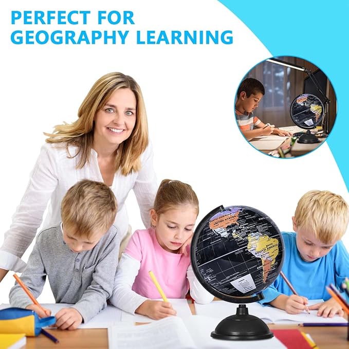 8 Inch World Globe with Stand Rotating Earth Spinning Globe for Kids Geography Classroom Education or Decorations (Black)