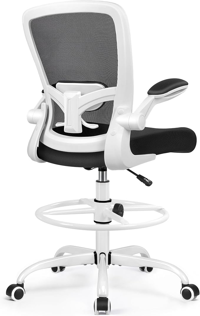 FelixKing Drafting Chair Ergonomic Tall Office Chair, Breathable Mesh Chair with Adjustable Footrest Ring Lumbar Support Flip-up Armrests, High Back Executive Comfy Task Computer Chair for Home Office