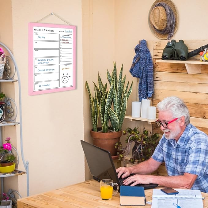 Dry Erase White Board Weekly Calendar Board, Magnetic Whiteboard for Wall,13“x17 Solid Wood Pink Framed Message Board, Planner Board for Office, Home, School(Weekly-BB-PK-3343)