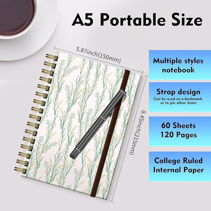 Spiral Journal Notebook, A5 Cute Notebooks for Women Men, College Ruled Hardcover Notebook for Work & Note Taking, 60 Pages Double-Wire Journals for Writing Green White Tree Branch