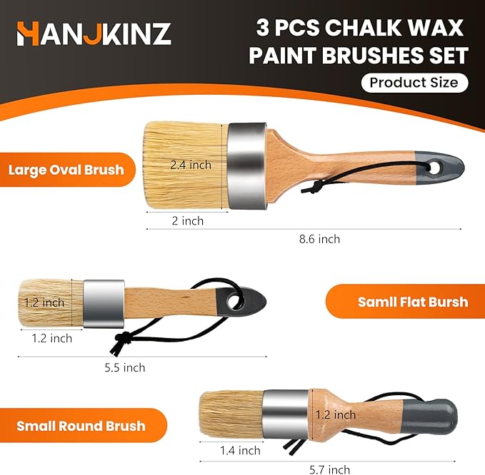 Chalk and Wax Paint Brush 3 Pcs Set, Chalk Paint Brushes for Furniture, Painting or Waxing, Milk Paint, Natural Bristle Stencil Brushes for All Painting and Waxing