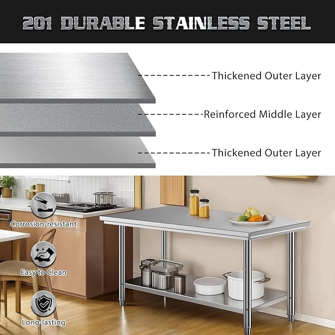Stainless Steel Table for Work, 24 x 48 Inches Stainless Steel Prep Table with Backsplash,Adjustable Undershelf Stainless Steel Table for Commercial Kitchen, Outdoor, Restaurant, Hotel & Garage