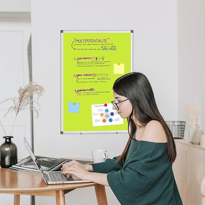 WALGLASS Magnetic Whiteboard 24"x18" Dry Erase White Board for Walls with Pen Tray, Aluminium Frame and Dry-Wipe Writing Surface for Kids' Drawing, Home, and Office (Green)