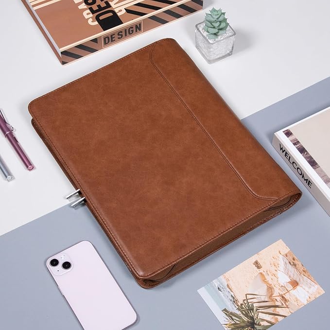 AZXCG Padfolio for Women, 3 Ring Binder Business Portfolio, Vegan Leather Zipper Binder Portfolio Folio, Document Notebook Organizer with A4 Clipboard Folder, Gift for Men, Brown