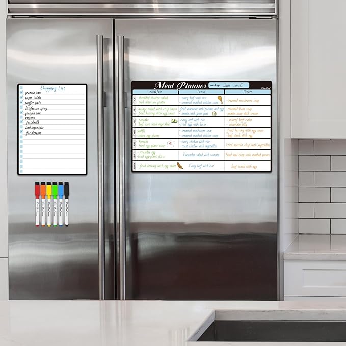 Magnetic Dry Erase Menu Board - 8.5"x13" Meal Planning Board for Fridge - 6.5"x8.5" List Board and 6 Extra Fine Point Markers Included - Shipped Flat