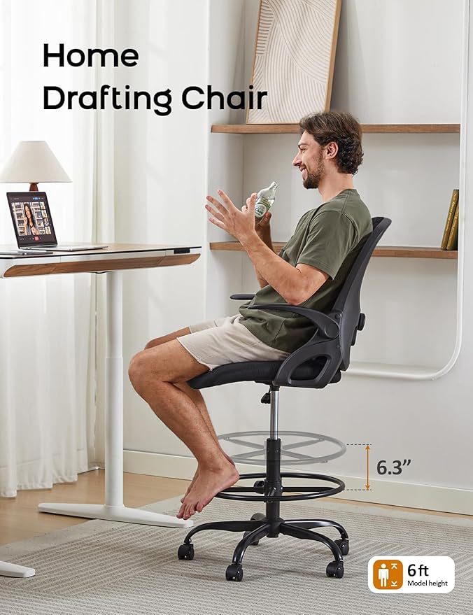 Drafting Chair Tall Office Chair with Flip-up Armrests Ergonomic Computer Standing Desk Chair with Comfy Lumbar Support and Adjustable Footrest Ring for Bar Height Desk(White-Gray)