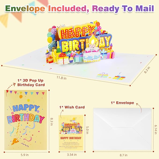 Birthday Cards Light 3D Pop Up Music, Blowable LED Candle Cake Gifts Greeting Cards for Women Men Kids Mom