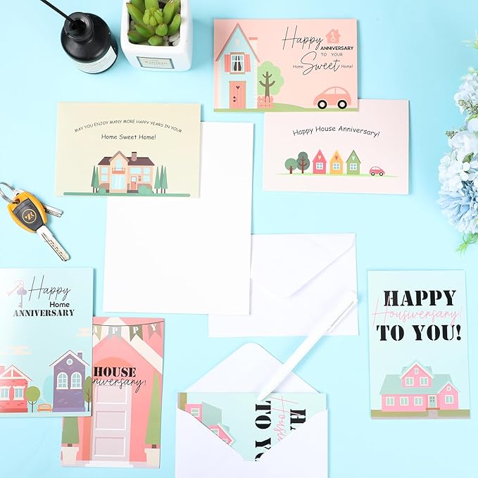 48 Pcs Happy Home Anniversary Cards with Envelopes Bulk Blank Welcome House Cards Real Estate Thank You Notes Housewarming Gifts for Clients Neighbors, 4 x 6 in(Classic)