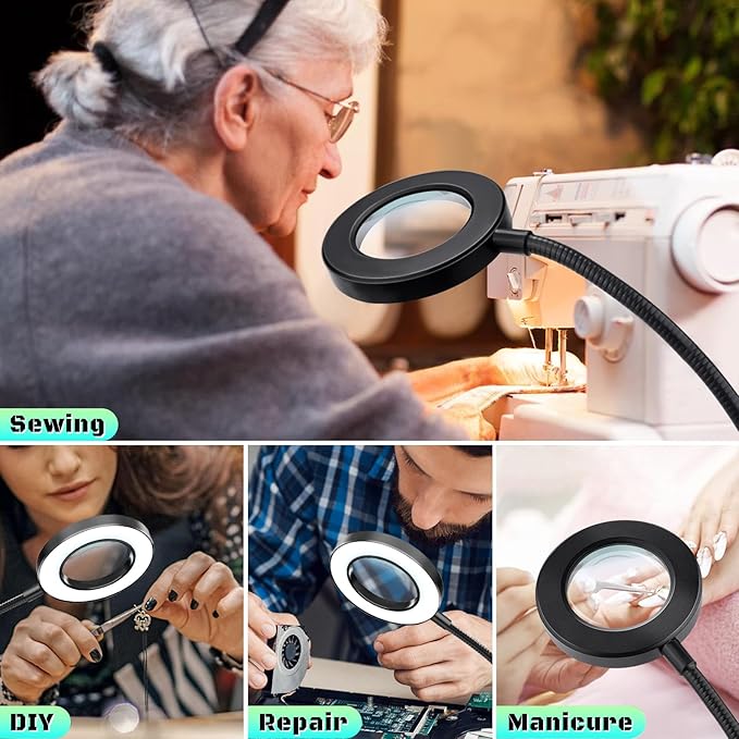 10X Magnifying Glass with Light, Clip on Mganifier with Light, 48 LED Desk Magnifying Glass wtih Clamp,3 Modes Dimmable Magnifying Lamps for Bed Work Crafts DIY Repair Jewellery
