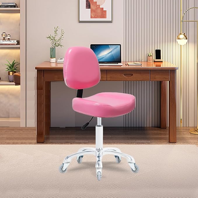 Vanity Rolling Chair Esthetician Shop Stool with Wheels,Ergonomic Lash Armless Office Chair, Desk Chair for Makeup Bedroom Classroom (Pink)