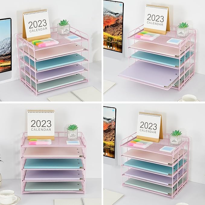 5 Tier Mesh Paper Letter Tray Organizer, Desktop Mail Sorter Office Supplies Organizer for Desk, Desk Organizers and Accessories (Pink)