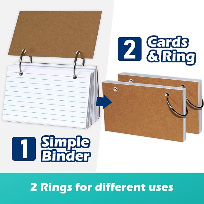 Olivo Index Card Binder Refills, White 3x5 Lined Index Cards with Ring, 2 Holes Punched, 100 Count