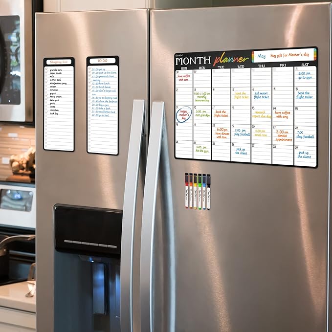 Magnetic Dry Erase Monthly Calendar - 17"x12" Monthly Calendar for Fridge - 4"x12" List Board 2 Pcs - 6 Extra Fine Point Markers Included - Shipped Flat