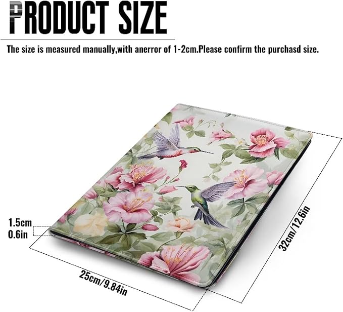 Hummingbird Pink Flower Portfolio Folder Leather Padfolio with A4 Size Clipboard Clip for Business Resume Interview Document Sleeve Binder Folder for Men/Women