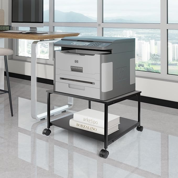EMERIT 2-Tier Under Desk Printer Stand w/Storage - 19.5x19.5x12.8''Heavy Duty Rolling Cart, Mobile Printer Table with Lockable Wheels for Home Office Organization - Industrial Style