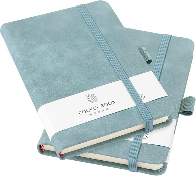 2Pack Pocket Notebook Small Notebook Journal Notebook 4 inches x 5.7 inches 200 Pages Leather Cover With Pen Holder Page Marker Ribbons(Blue)