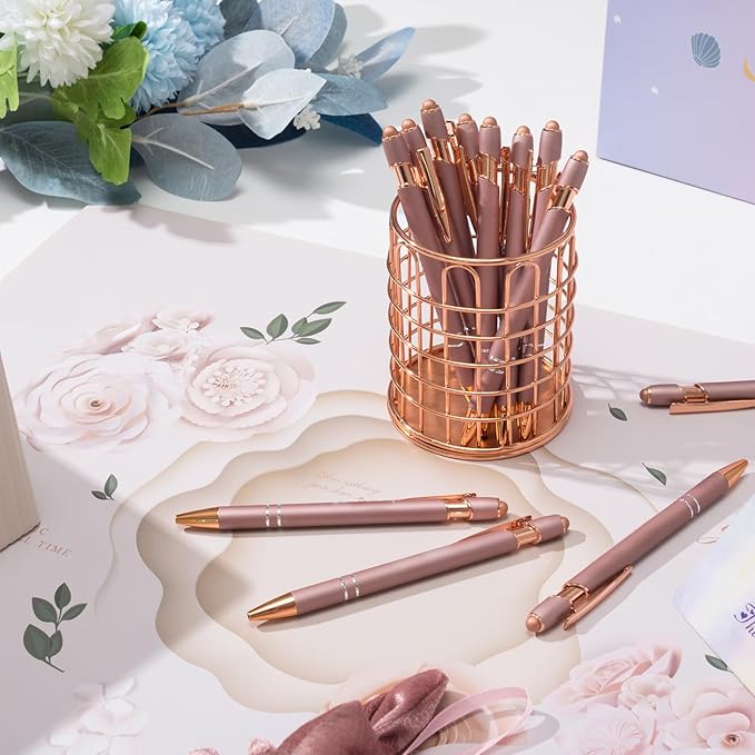 Ballpoint Pens with Stylus Tips,12 Pcs Rose Gold Retractable Metal Stylus Pen for Touch Screens, 1.0 mm Black Ink