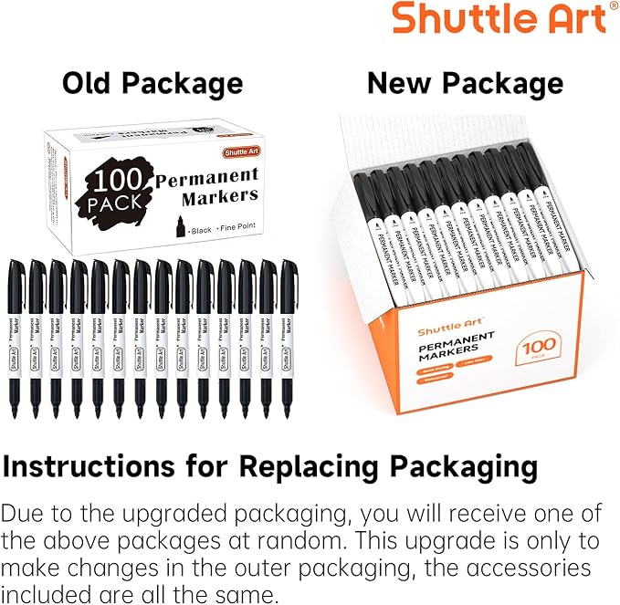 Shuttle Art Permanent Markers, 100 Pack Black Permanent Marker set,Fine Point, Works on Plastic,Wood,Stone,Metal and Glass for Doodling, Marking
