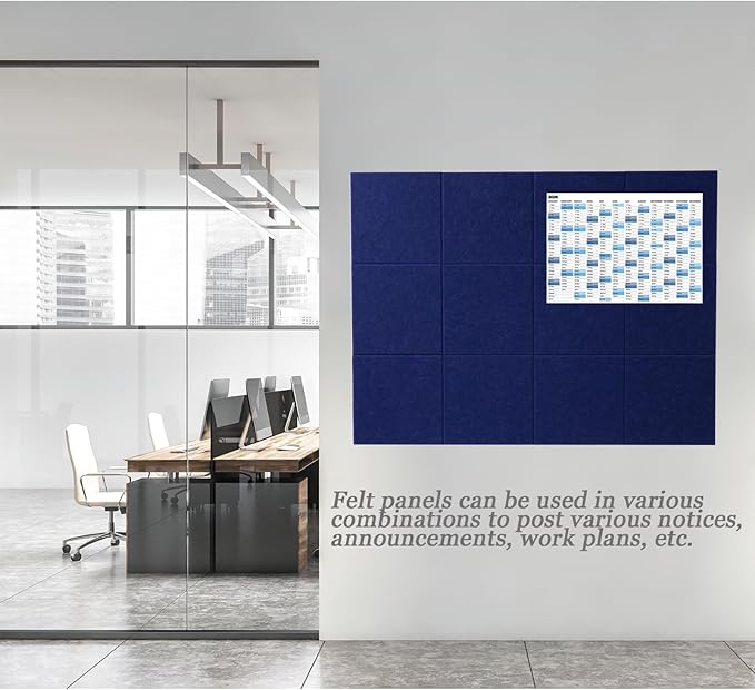 LAJAR Large Felt Wall Tiles, 12 Pack Cork Board Alternative with Removable Adhesive Tabs, Bulletin Pin Boards for Office, School and Home (Dark Blue)