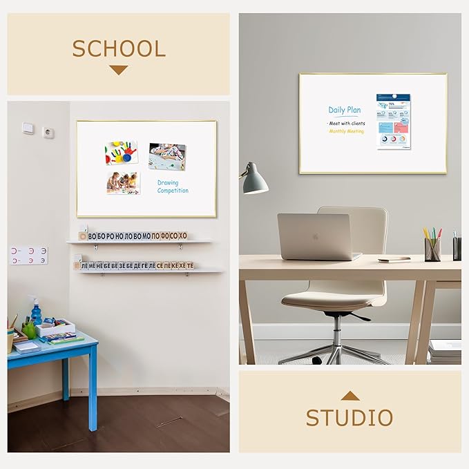 Magnetic Whiteboard, 36"x24" Gold Aluminum Frame Dry Erase White Board for Wall, Large Wipe Board with 6 Magnets, 4 Markers & 1 Eraser for Home and Office
