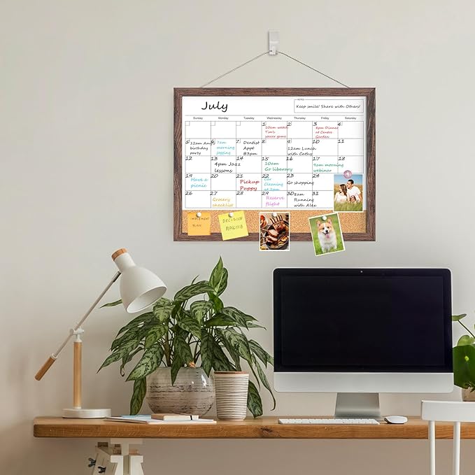 Dry Erase Calendar Cork Board Combo, 17"x13" Calendar Whiteboard for Wall, Magnetic White Board Monthly Calendar with Wood Framed, Dry Erase Board for Home Office Kitchen Planner Memo