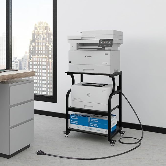 Natwind Large Printer Stand,24''x20''x29''Printer Table with Adjustable Storage Shelf,3 Tier Rolling Printer Cart with Wheels,Home Office Multifunctional Shelves for Heat Press,3D Printer (Black)