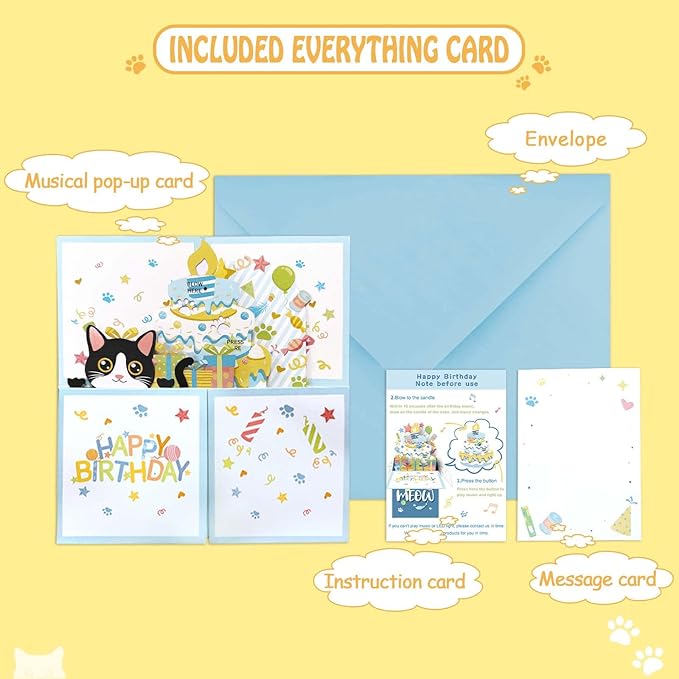 3D Pop Up Tuxedo Cat Birthday Card, Musical, 60g, For Father, Mother, Lover