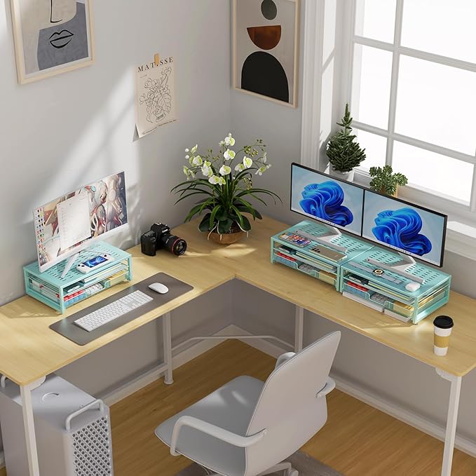 gianotter Computer Monitor Stand Riser, office organizer with Drawer, Office Organizers Storage for Classroom Office Supplies (Blue)