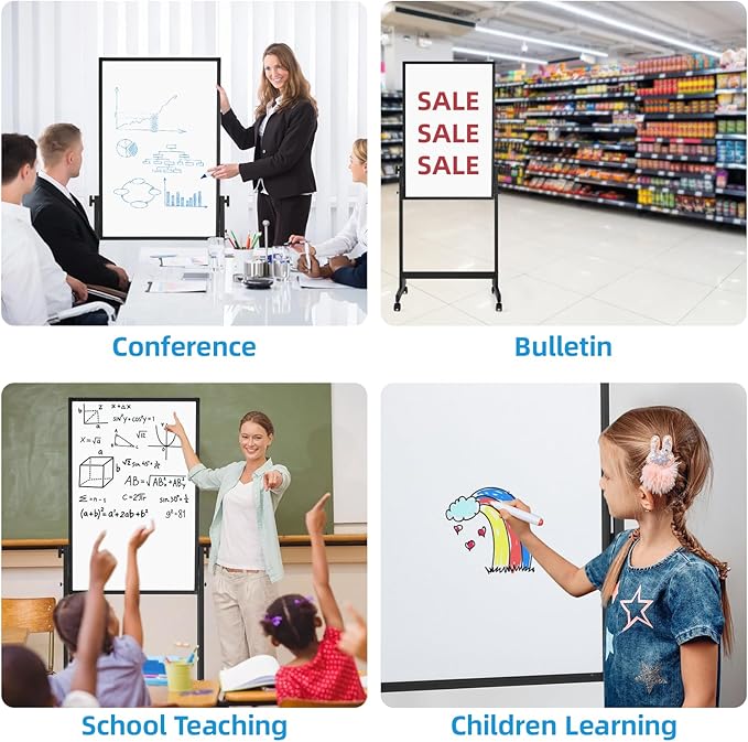 Rolling Mobile Whiteboard, 40 x 28 inches Double Sided Height Adjust Whiteboard Easel on Wheels, Reversible Magnetic Dry Erase Board with Stand for Office, Home, Classroom, Black