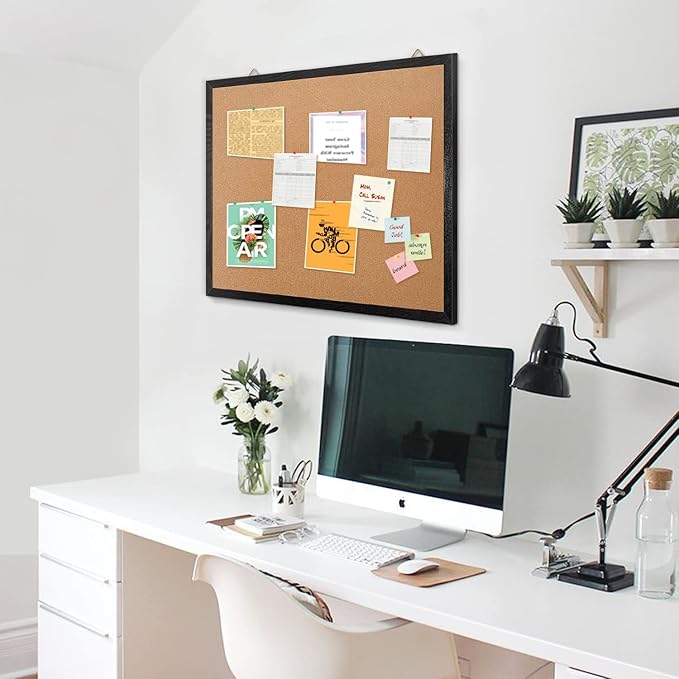 Cork Board Notice Board, 24" X 18“ Decorative Hanging Pin Board for Wall with Black Wood Frame, 50 Push Pins Included………