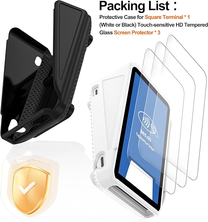 Kailfee Protective Case and Screen Protector*3 for Square Terminal Card Reader - Rubberized Hard Casing with Non-Slip Base and Tempered Glass(Black)