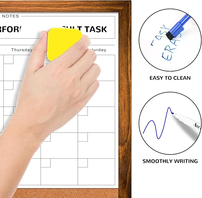 Dry Erase Monthly Calendar Board for Wall, 17"x13" Hanging Board, Magnetic White Boards, Rustic Brown Wood Frame White Board Cork Board Combo, Calendar Bulletin Board for Kitchen Planner Memo Office