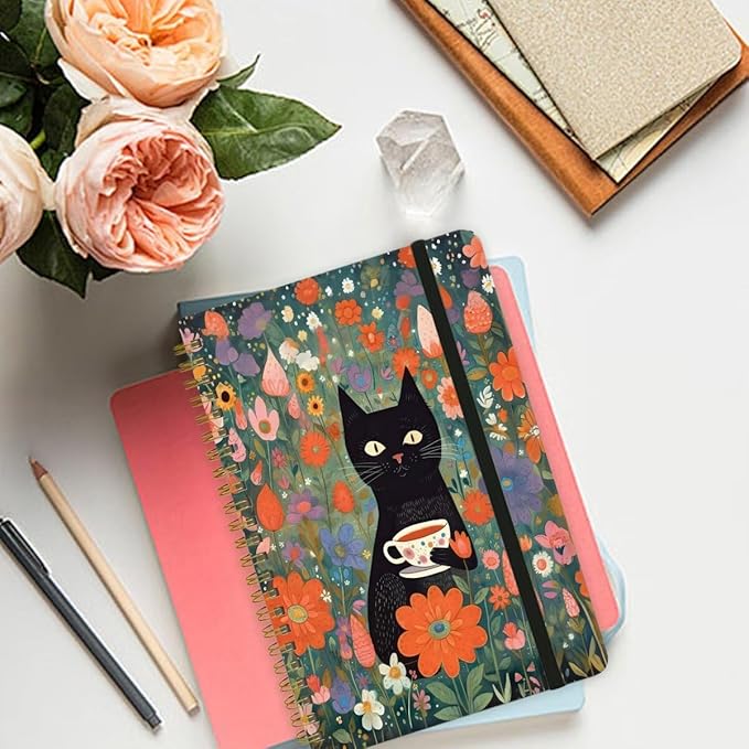 Spiral Notebook - A5 Spiral Notebooks, 8.3'' × 5.8'', 160 Pages, Aesthetic Journaling Notebooks for Women, College Lined Notebook with Elastic Closure, Back Pocket, for School Office, Cat flower