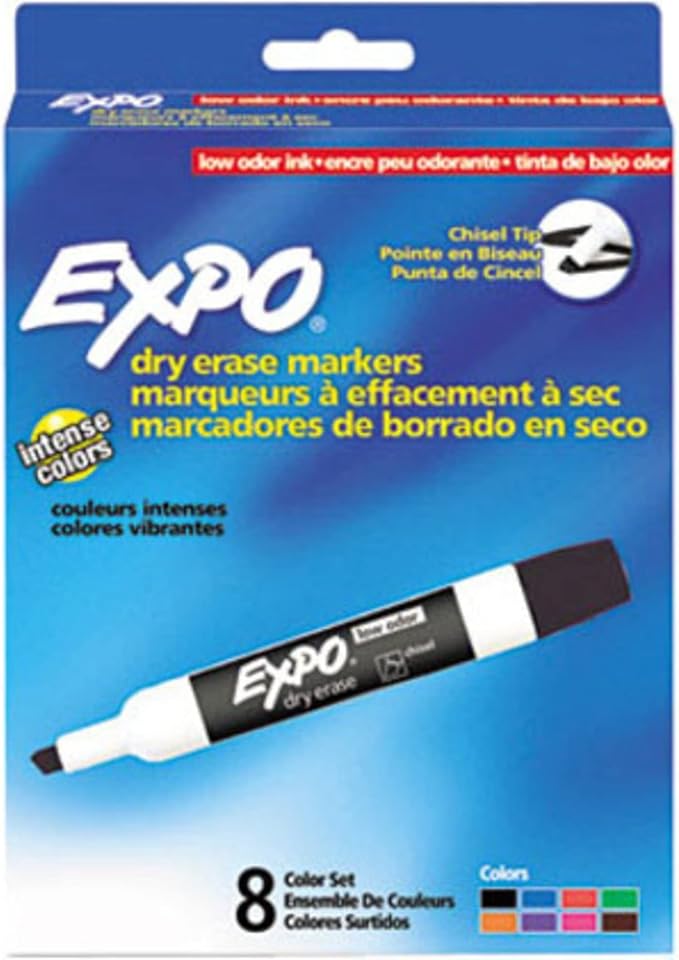 EXPO Low Odor Dry Erase Markers, Chisel Tip, Assorted Colors, 8 Count