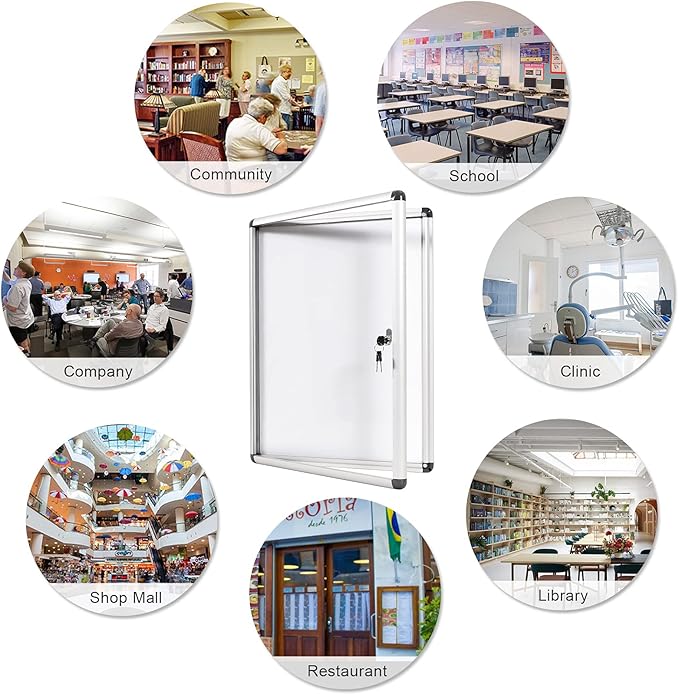SWANCROWN Enclosed Bulletin Board Magnetic Dry Erase Noticeboard Lockable Display Boards White with Aluminium Frame 26x20inch(4xA4)