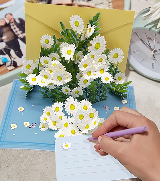 Daisy Flowers Pop Up Card, 3D Floral Greeting Card, Daisy Bouquet Thank You Cards for Mother’s Day, Thanksgiving Day, Birthday, Anniversary, Thinking Of You, Get Well Soon, All Occasions