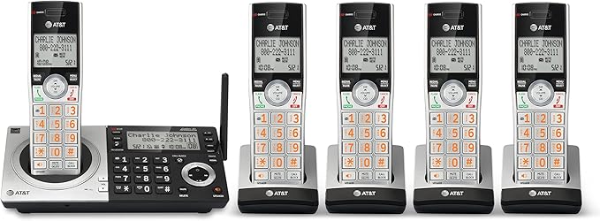 AT&T CL83507 DECT 6.0 5-Handset Cordless Phone for Home with Dual Keypad Base, Answering Machine, Call Blocking, Caller ID Announcer, Intercom and Long Range, Silver/Black