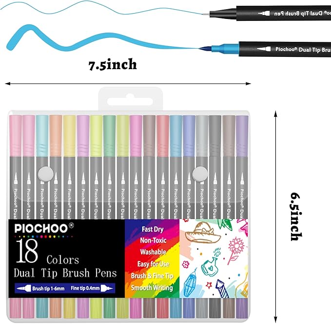 Markers,18 Colors Dual Brush Markers Pens,Fine Point and Brush Tip Markers for Adult Coloring Books No Bleeding,School Classroom Art Supplies
