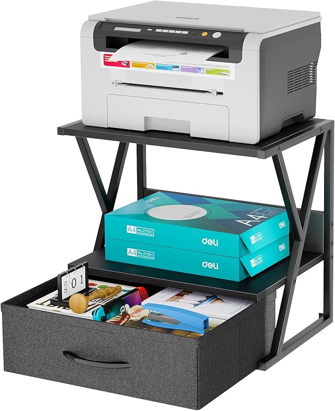aboxoo Printer Stand for Desk with Storage Drawer, 2 Tier Desktop Or Under Desk Shelf, Multi-Purpose Desk Organizer for Home Office, fit Fax Machine/3D Printer/Scanner, Black