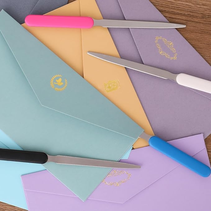 4 Pieces Letter Opener Lightweight Mail Slitters Letter Knives Stainless Steel Knife Tool Hand Convenient Colorful Envelope Opener Ergonomic Grip Staple Removal Tool for Office Home Supplies