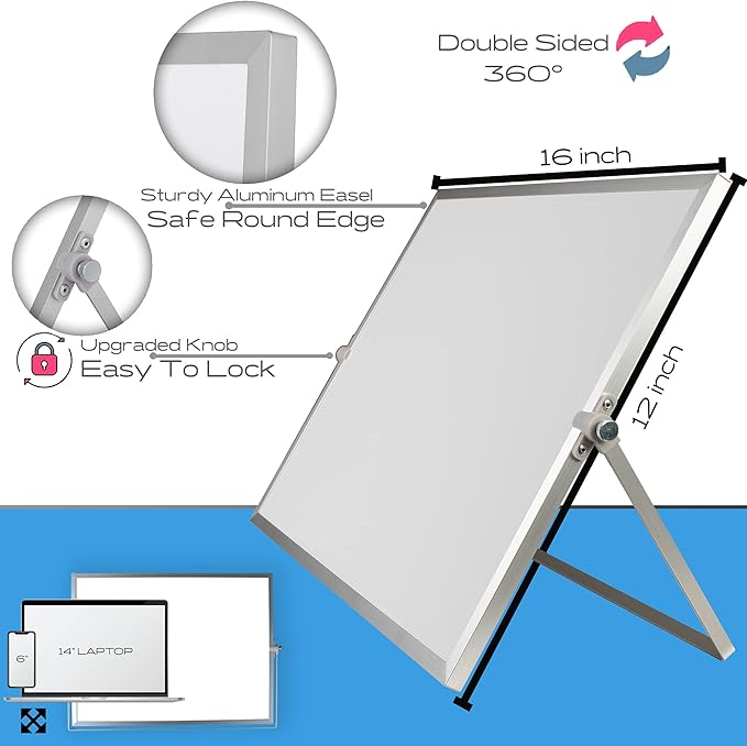 Dry Erase White Board, 16inX12in Large Magnetic Desktop Whiteboard with Stand, 8 Markers, 4 Magnets, 1 Eraser, Portable Double-Sided White Board Easel for Office Memo to Do List Desk School for Kids